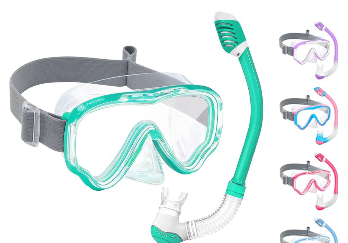 Vvinca Snorkeling Gear for Kids Dry Top Kids Snorkel Set for Boys Girls Junior Youth Children Age 4-14 Swim Goggles with Nose Cover Anti-Fog Panoramic View Adjustable Elastic Diving Mask and Snorkel