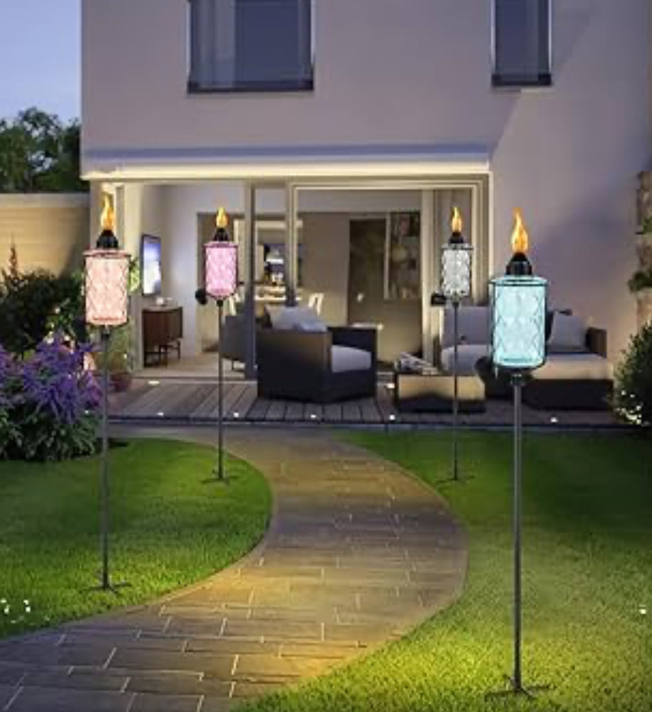4-Pack Glass Garden Torches for Outside, Citronella Torches for Outdoor with 4-Prong Stake - 61" Height Adjustable, 12 oz Fuel Capacity, Decorative Lighting for Party Patio Pathway