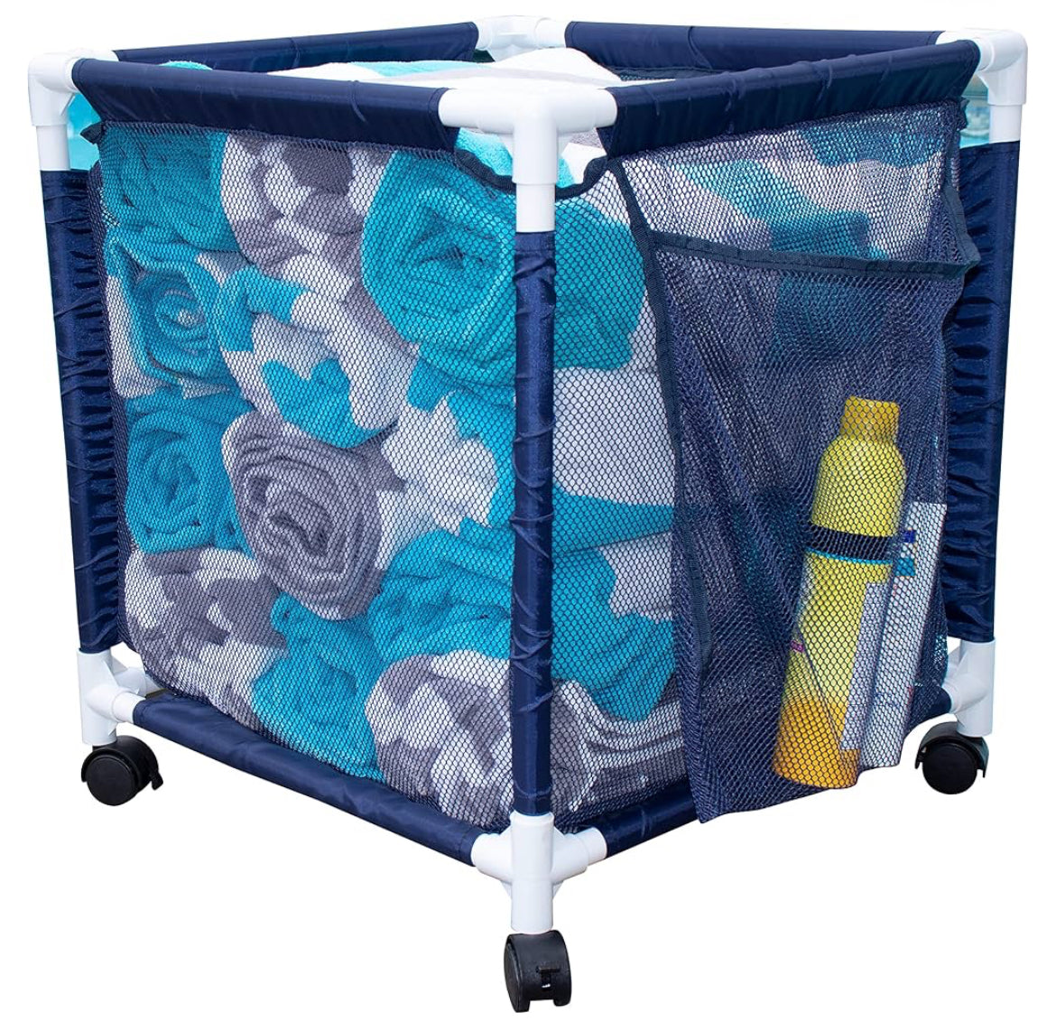 Essentially Yours Rolling Pool Storage Small Organizer Bin, (18" W x 18" L x 20" H), Blue/White Style 417244