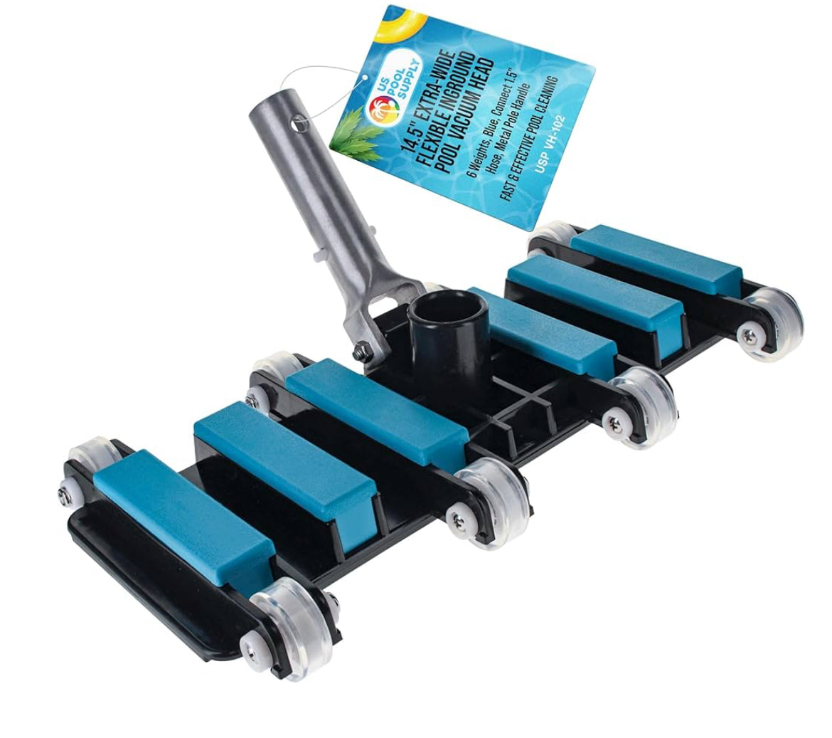 U.S. Pool Supply Manual Pool Vacuum Head for Inground Pools, Flexible, Extra-Wide, Weighted - 6 Weights, Blue, Connect 1.5" Hose, Metal Pole Handle - Swimming Cleaning Accessory Attachment, Vac