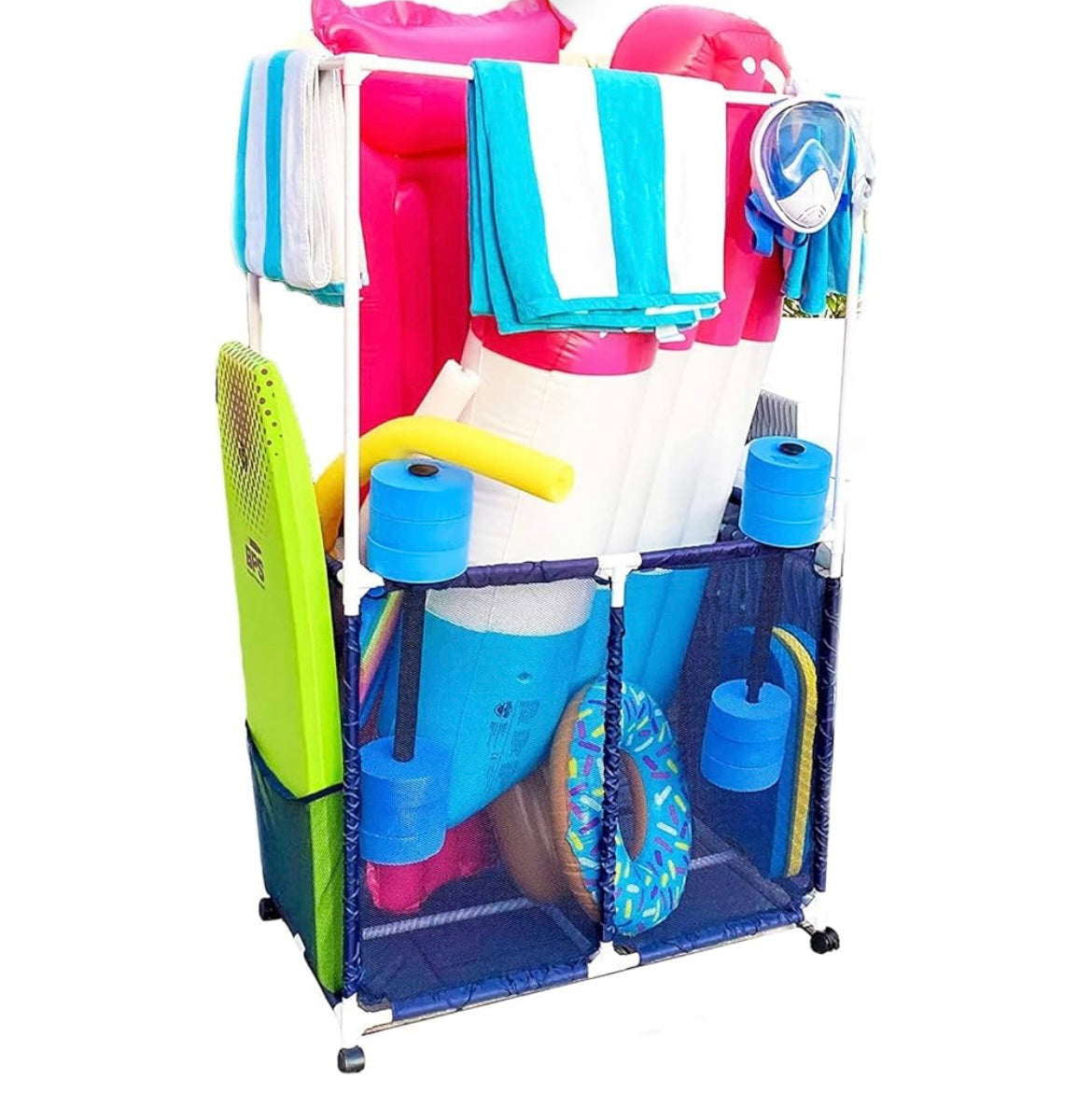 Essentially Yours Pool Equipment Holder with Towel Drying Bars, Mesh Rolling Pool Storage Organizer Bin, Extra Large with Towel Hanger, (34.5" W x 25" L x 62.6" H), Blue/White Style 418566