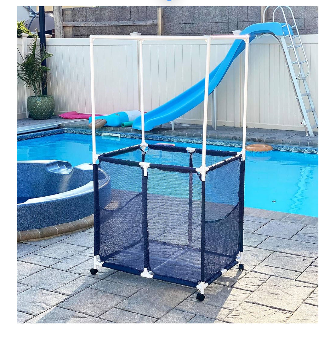 Essentially Yours Pool Equipment Holder with Towel Drying Bars, Mesh Rolling Pool Storage Organizer Bin, Extra Large with Towel Hanger, (34.5" W x 25" L x 62.6" H), Blue/White Style 418566