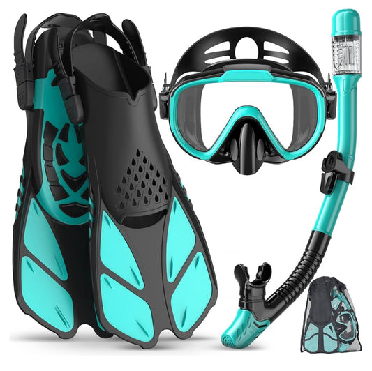 Snorkeling Gear for Adults Men Women,4 in 1 Snorkel Set with Panoramic View Diving Mask Anti-Fog Anti-Leak,Dry Top Snorkel,Fins and Travel Bag for Swimming,Snorkeling and Travel Diving