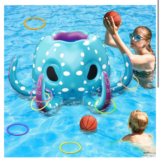 iPlay, iLearn Pool Wave Kids Octopus Pool Toys, 2-in-1 Inflatable Float Water Game, Basketball Hoop Ring Toss Outdoor Swim Play, Cool Summer Family Party Gift 3 4 5 6 7 8 Year Old Boy Girl Child-Blue
