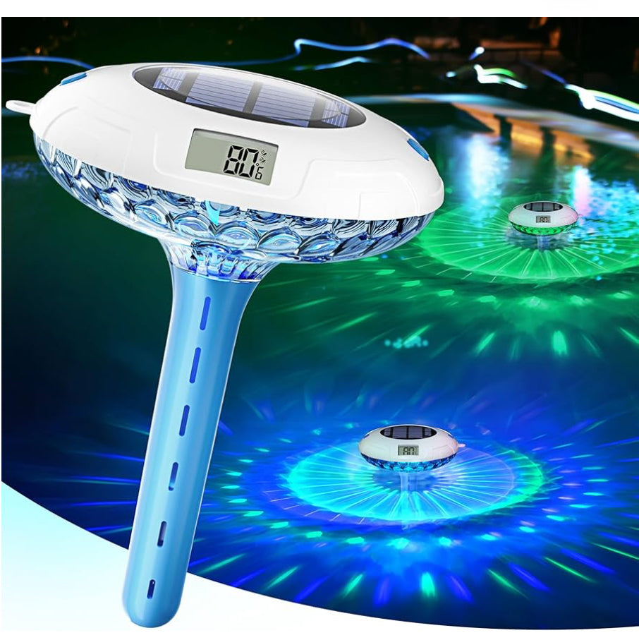 BALDR Pool Thermometer Floating Easy Read, Solar Ponds Thermomter with 8 RGBW Color Modes, Dual Digital Displays & IPX7 Waterproof for Ponds Water Gardens & Inground Above Ground Pools (Blue)