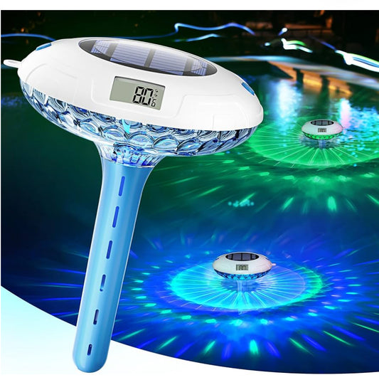 BALDR Pool Thermometer Floating Easy Read, Solar Ponds Thermomter with 8 RGBW Color Modes, Dual Digital Displays & IPX7 Waterproof for Ponds Water Gardens & Inground Above Ground Pools (Blue)