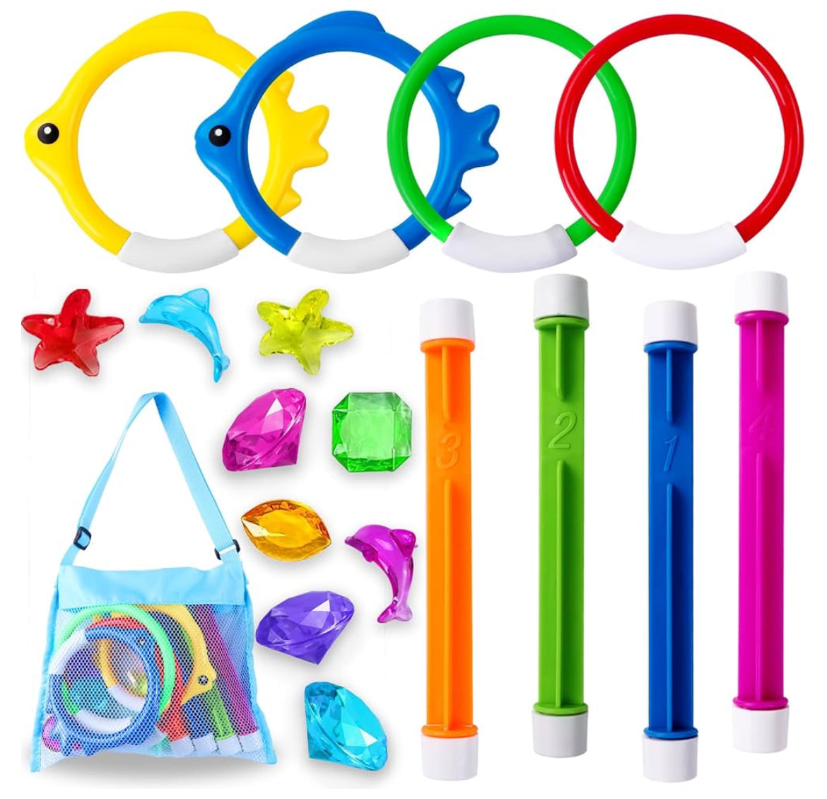 YUJUN 18PCS Pool Diving Swimming Toys, Summer Underwater Game Toys with Pool Fishes Dive Sticks Rings Gems Storage Bag for Kids Swim Birthday Party Favors