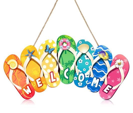 Summer Slippers Hanging Sign Shape Welcome Hello Flip Flop Wooden Door Plaque Rustic Wall Sign Yard Indoor Outdoor Garden Decoration with Rope (Welcome)